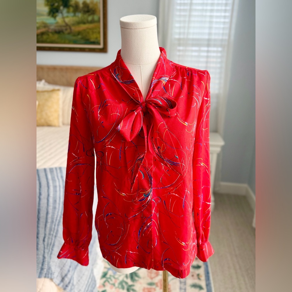 Vintage Red Blouse with Bow Detail